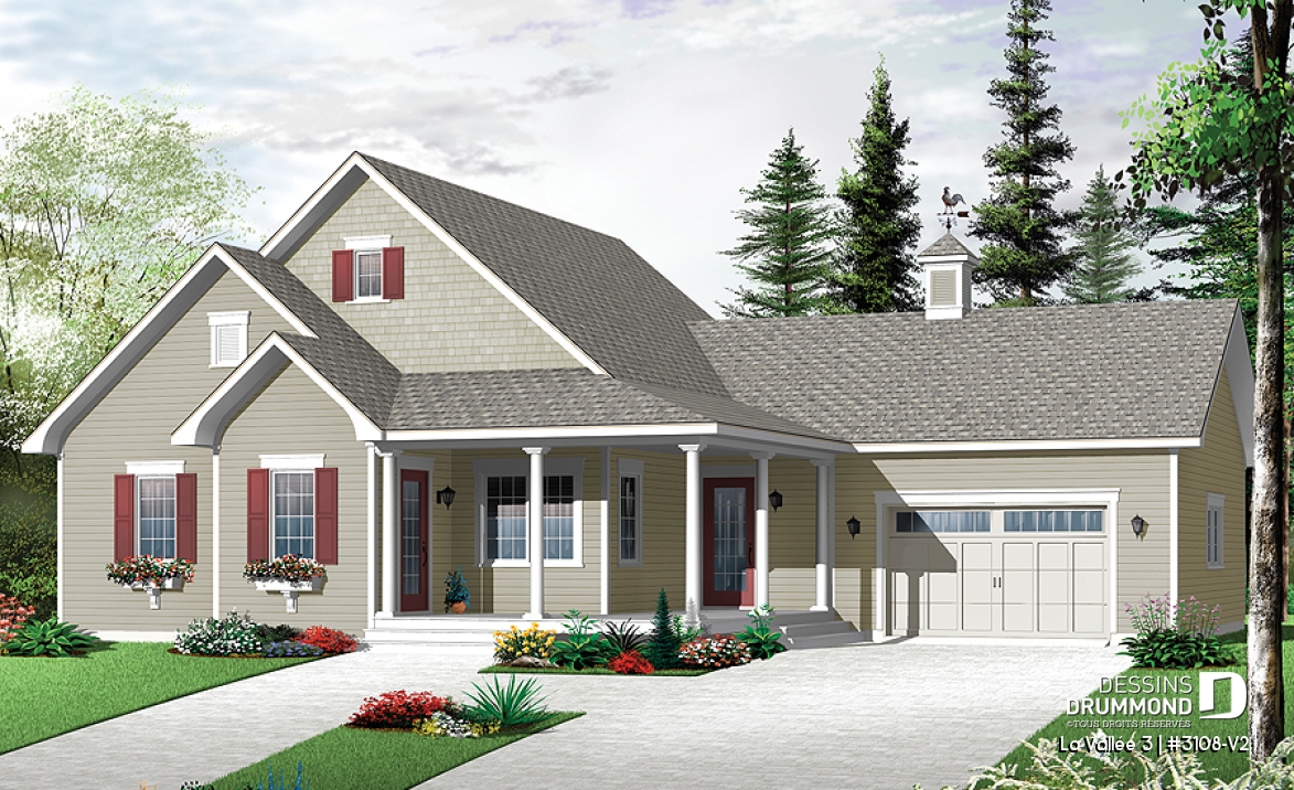 Vue avant - MODÈLE DE BASE - Plan de plain-pied 2 chambres avec garage, coin ordinateur, accès s-sol par garage, vestibule fermé - La Vallée 3