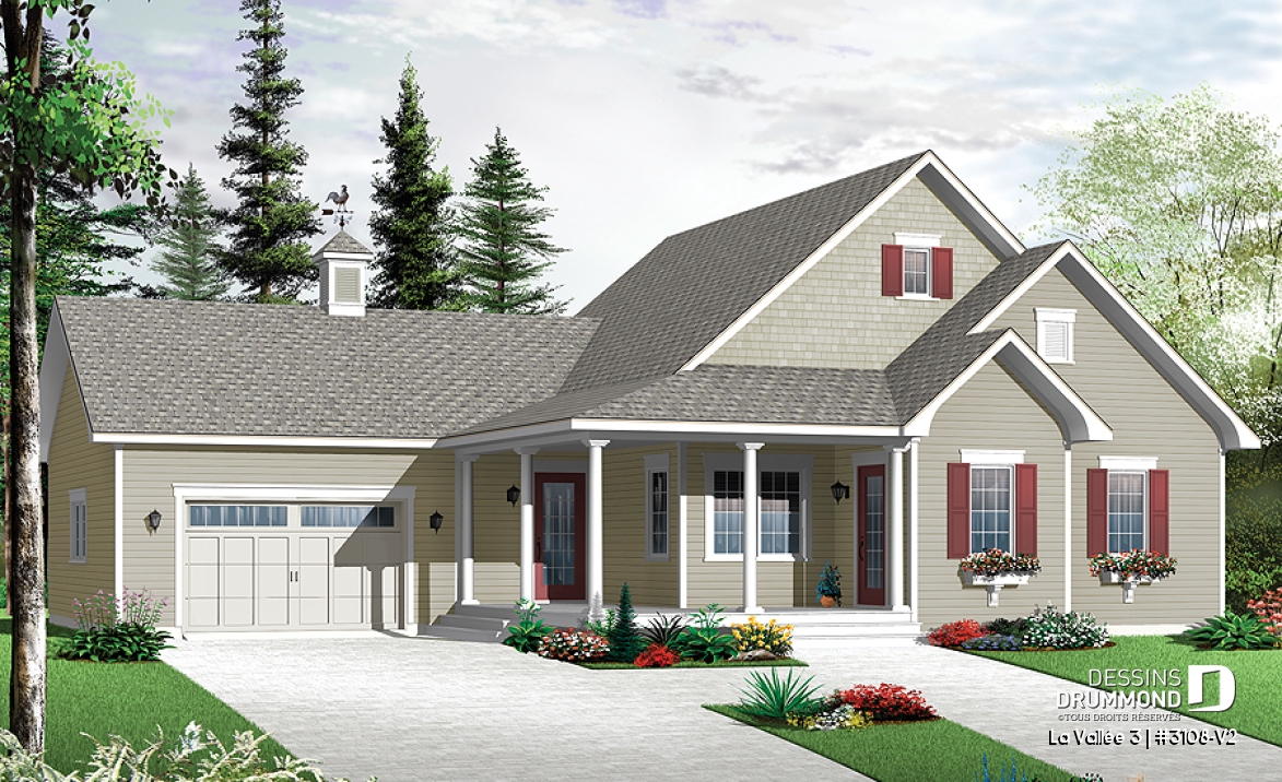 Vue avant - MODÈLE DE BASE - Plan de plain-pied 2 chambres avec garage, coin ordinateur, accès s-sol par garage, vestibule fermé - La Vallée 3