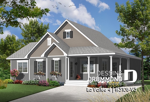 Version couleur no. 7 - Vue avant - Plan de bungalow champêtre, 2 ou 3 chambres, 2 salles de bain, bureau à domicile (ou chambre #3), 2 entrées - La Vallée 4
