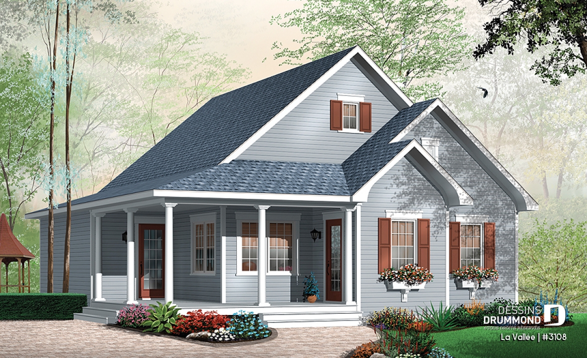 Vue avant - MODÈLE DE BASE - Plan plain-pied champêtre, balcon avant abrité, vestibule fermé, buanderie près de cuisine, îlot, 2 chambres - La Vallée