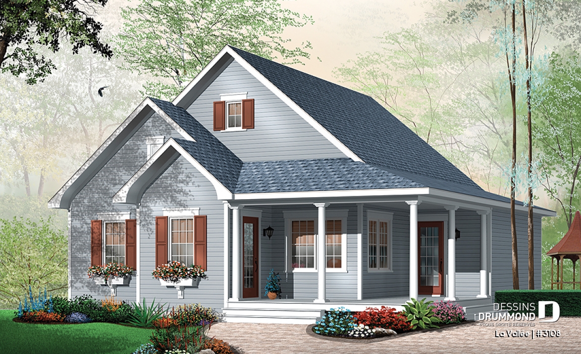 Vue avant - MODÈLE DE BASE - Plan plain-pied champêtre, balcon avant abrité, vestibule fermé, buanderie près de cuisine, îlot, 2 chambres - La Vallée