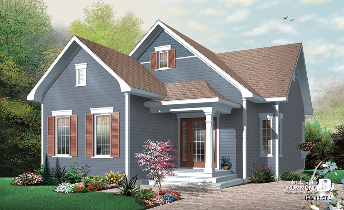 Vue avant - MODÈLE DE BASE - Plan de maison plain-pied champêtre, abordable, 2 chambres, foyer, pour terrain étroit, sous-sol non-fini - Hale