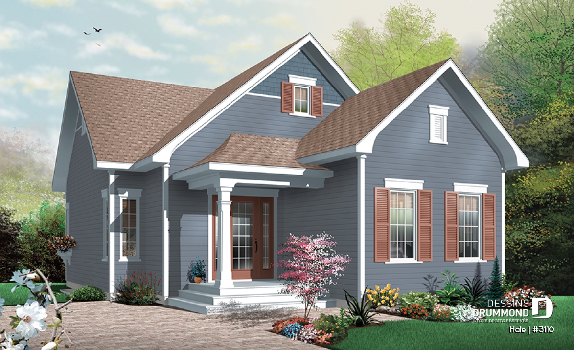 Vue avant - MODÈLE DE BASE - Plan de maison plain-pied champêtre, abordable, 2 chambres, foyer, pour terrain étroit, sous-sol non-fini - Hale