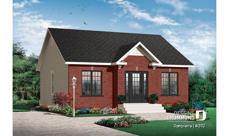 Vue avant - MODÈLE DE BASE - Plan de petit plain-pied économique, 2 chambres, aire ouverte, cuisine avec comptoir lunch - Dampierre