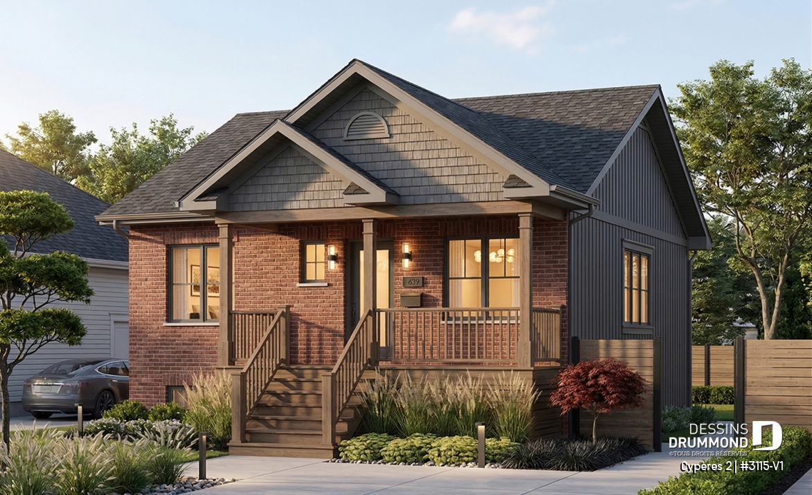 Vue avant - MODÈLE DE BASE - Plan de bungalow ou plain-pied avec façade en brique, 2 chambres, aire ouverte, sous-sol sorti de terre - Cypères 2