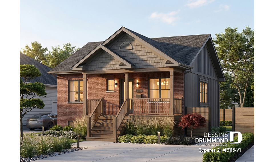 Vue avant - MODÈLE DE BASE - Plan de bungalow ou plain-pied avec façade en brique, 2 chambres, aire ouverte, sous-sol sorti de terre - Cypères 2