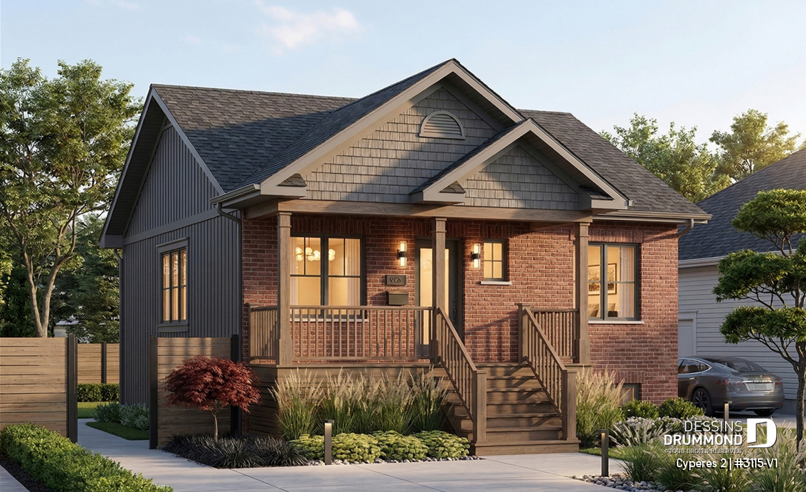 Vue avant - MODÈLE DE BASE - Plan de bungalow ou plain-pied avec façade en brique, 2 chambres, aire ouverte, sous-sol sorti de terre - Cypères 2