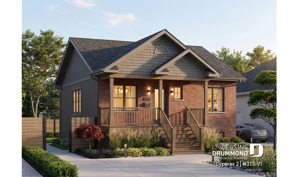 Vue avant - MODÈLE DE BASE - Plan de bungalow ou plain-pied avec façade en brique, 2 chambres, aire ouverte, sous-sol sorti de terre - Cypères 2