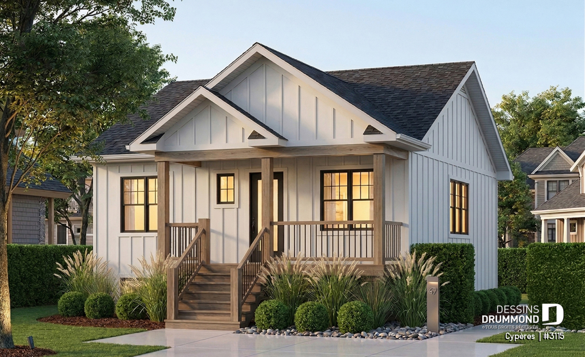 Vue avant - MODÈLE DE BASE - Plan de maison plain-pied petit budget 2 chambres, cuisine avec îlot, aire ouverte, parfaite première maison - Cypères 