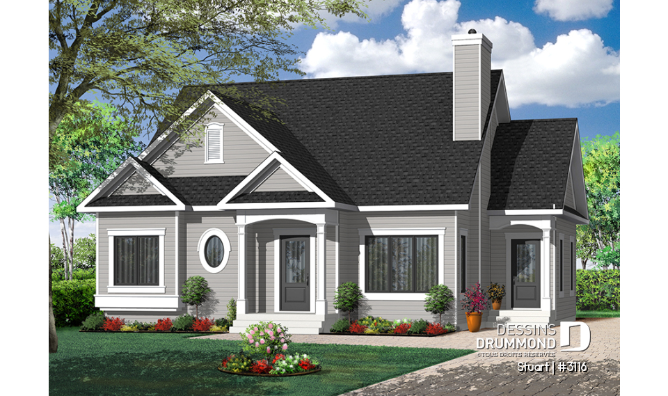 Version couleur no. 4 - Vue avant - Plan de plain-pied champêtre, 2 chambres, foyer au salon, belle cuisine, salle de lavage au rez-de-chaussée - Stuart