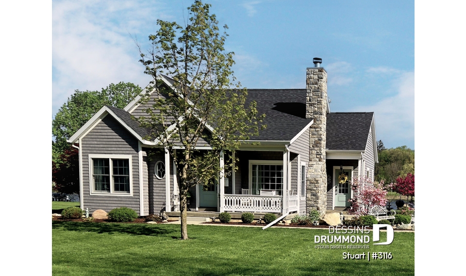 Vue avant - MODÈLE DE BASE - Plan de plain-pied champêtre, 2 chambres, foyer au salon, belle cuisine, salle de lavage au rez-de-chaussée - Stuart