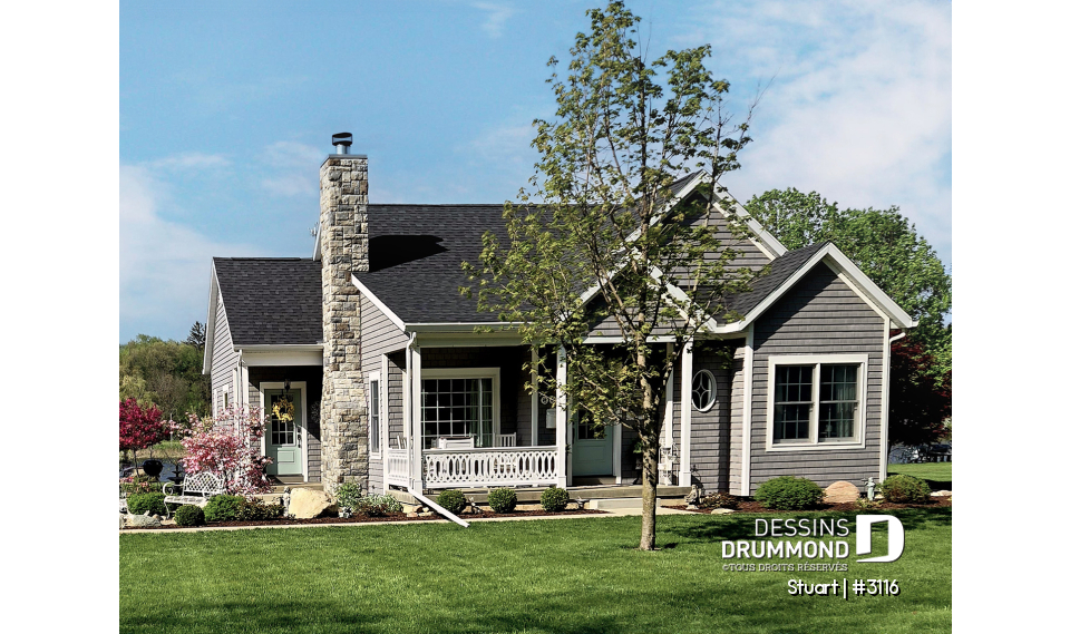 Vue avant - MODÈLE DE BASE - Plan de plain-pied champêtre, 2 chambres, foyer au salon, belle cuisine, salle de lavage au rez-de-chaussée - Stuart