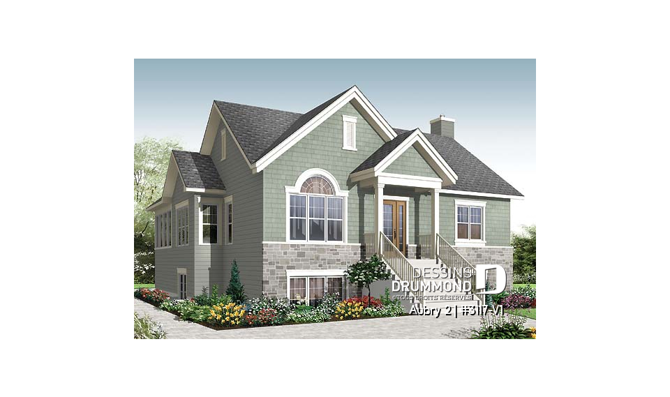 Vue avant - MODÈLE DE BASE - Plan plain-pied 2 chambres au rez-de-chaussée + 2 au sous-sol, abri moustiquaire, cathédrale au salon - Aubry 2