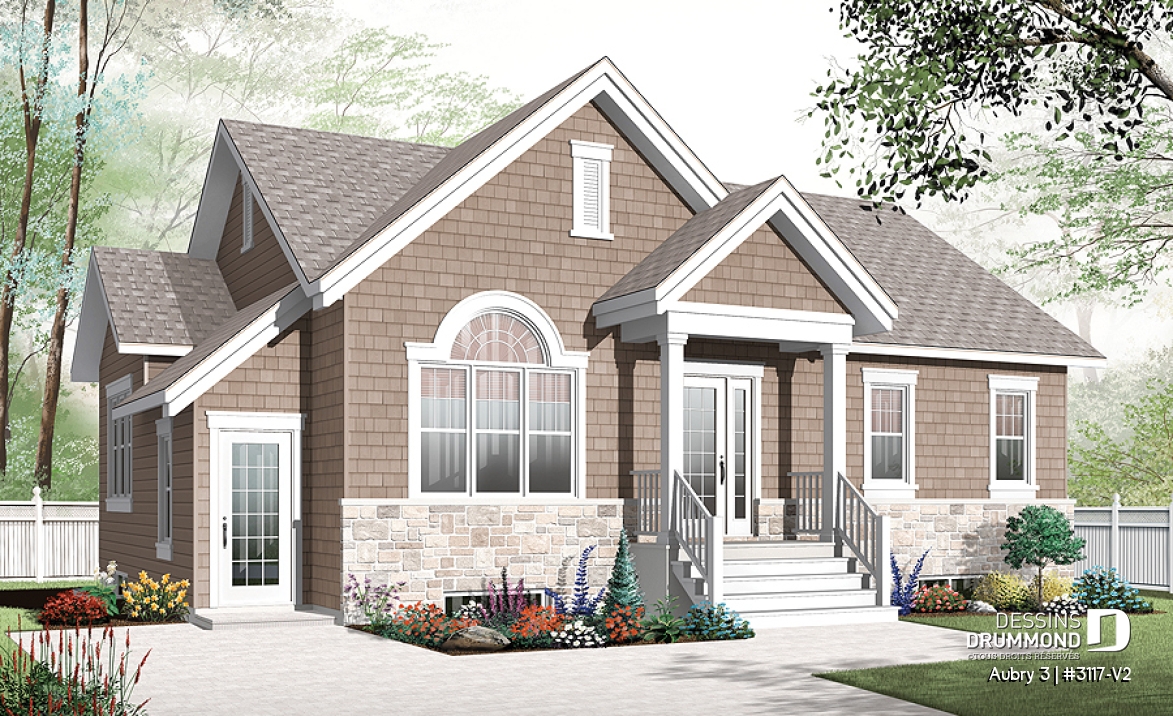 Vue avant - MODÈLE DE BASE - Plan de maison plain-pied 3 chambres &amp; 2 salles familiales (proprio) avec appartement au sous-sol de 1 chambre - Aubry 3