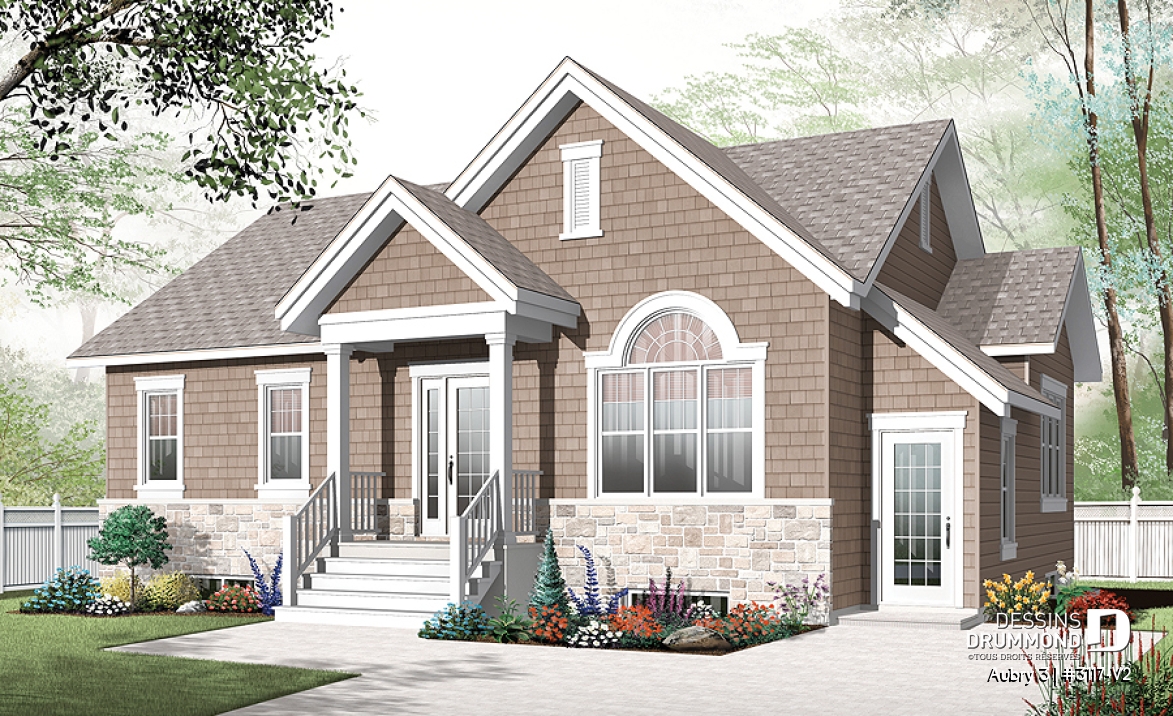 Vue avant - MODÈLE DE BASE - Plan de maison plain-pied 3 chambres &amp; 2 salles familiales (proprio) avec appartement au sous-sol de 1 chambre - Aubry 3