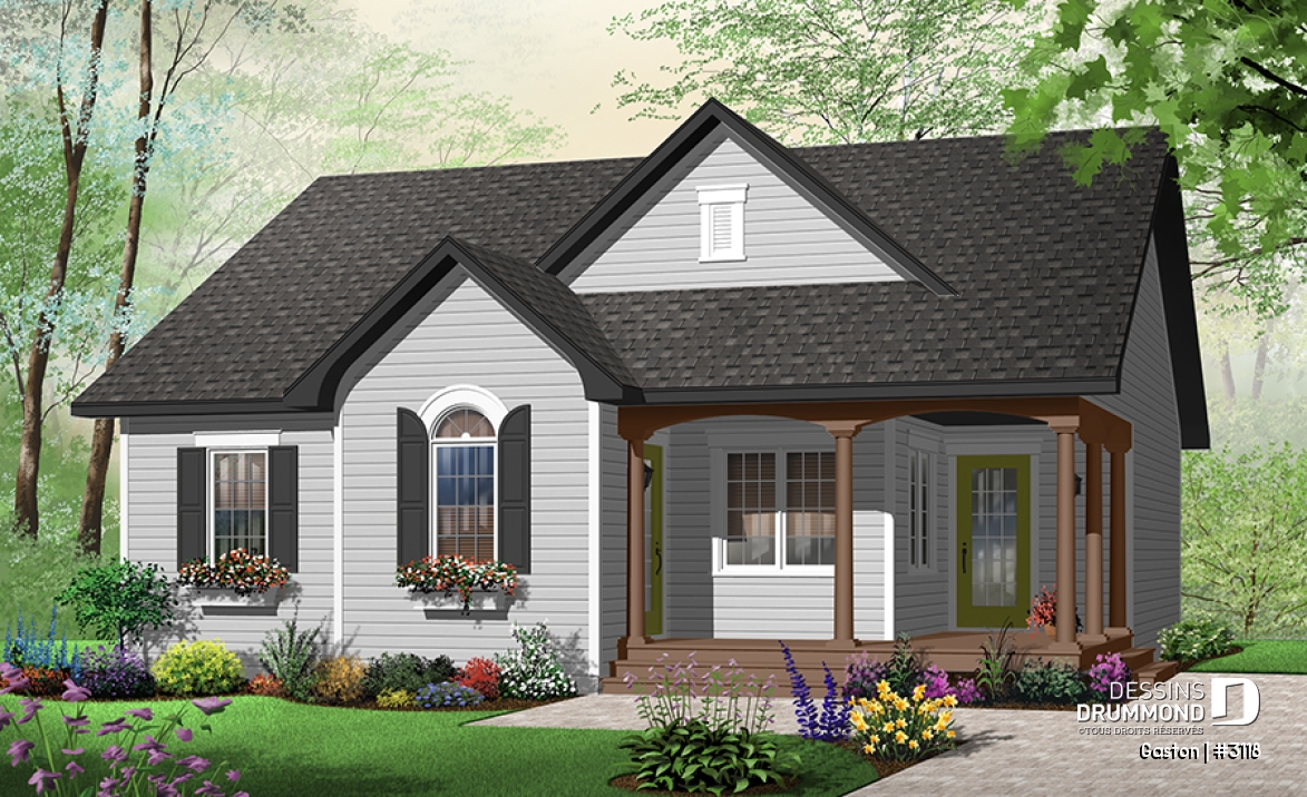 Version couleur no. 1 - Vue avant - Plan d'un bungalow original, cuisine avec îlot, 2 chambres, vestibule, salle de lavage au r-d-c - Gaston