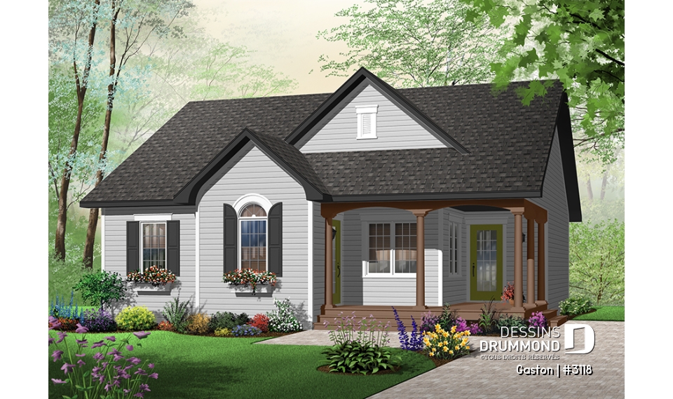 Version couleur no. 1 - Vue avant - Plan d'un bungalow original, cuisine avec îlot, 2 chambres, vestibule, salle de lavage au r-d-c - Gaston