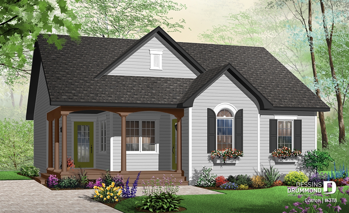 Version couleur no. 1 - Vue avant - Plan d'un bungalow original, cuisine avec îlot, 2 chambres, vestibule, salle de lavage au r-d-c - Gaston