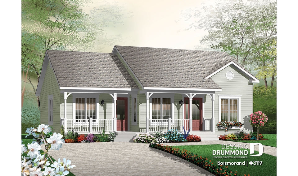 Vue avant - MODÈLE DE BASE - Plan de plain-pied champêtre, 2 chambres, salle de bain attrayante, walk-in chambre parents, buanderie - Boismorand
