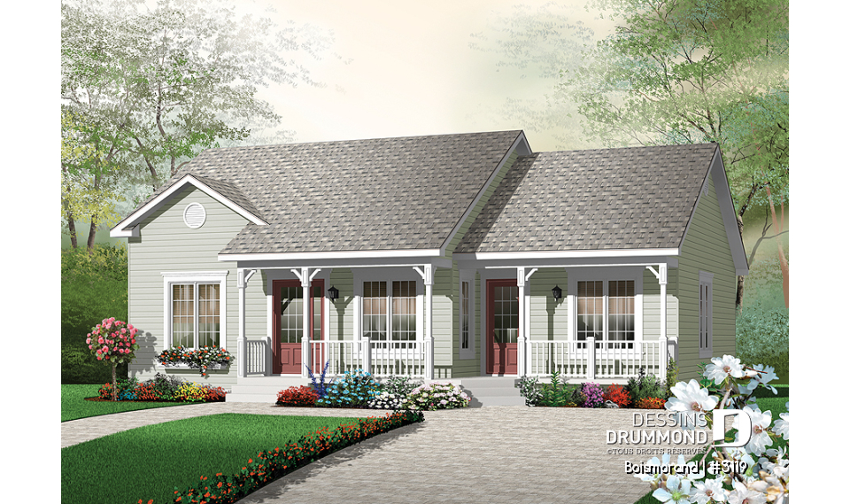 Vue avant - MODÈLE DE BASE - Plan de plain-pied champêtre, 2 chambres, salle de bain attrayante, walk-in chambre parents, buanderie - Boismorand