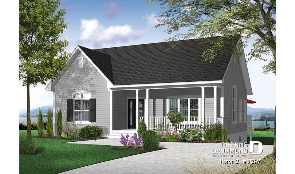 Version couleur no. 1 - Vue avant - Plan de bungalow champêtre, 2 à 4 chambres, plafond 9', vestibule fermé, garde-manger, buanderie au r-d-c - Héron 2