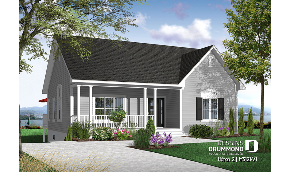Version couleur no. 1 - Vue avant - Plan de bungalow champêtre, 2 à 4 chambres, plafond 9', vestibule fermé, garde-manger, buanderie au r-d-c - Héron 2
