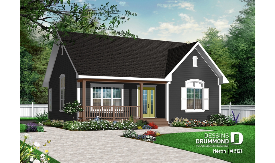 Version couleur no. 2 - Vue avant - Plain-pied de style champêtre, 2 chambres, cuisine spacieuse, plafond cathédrale, vestibule, buanderie au rdc - Héron