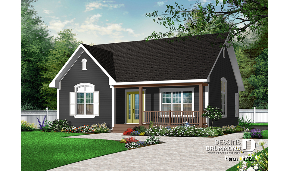 Version couleur no. 2 - Vue avant - Plain-pied de style champêtre, 2 chambres, cuisine spacieuse, plafond cathédrale, vestibule, buanderie au rdc - Héron