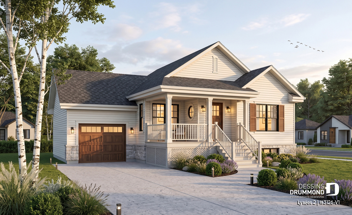Vue avant - MODÈLE DE BASE - Plan de bungalow champêtre avec garage, accès au sous-sol par garage, à aire ouverte, ìlot à la cuisine - Lysées 2