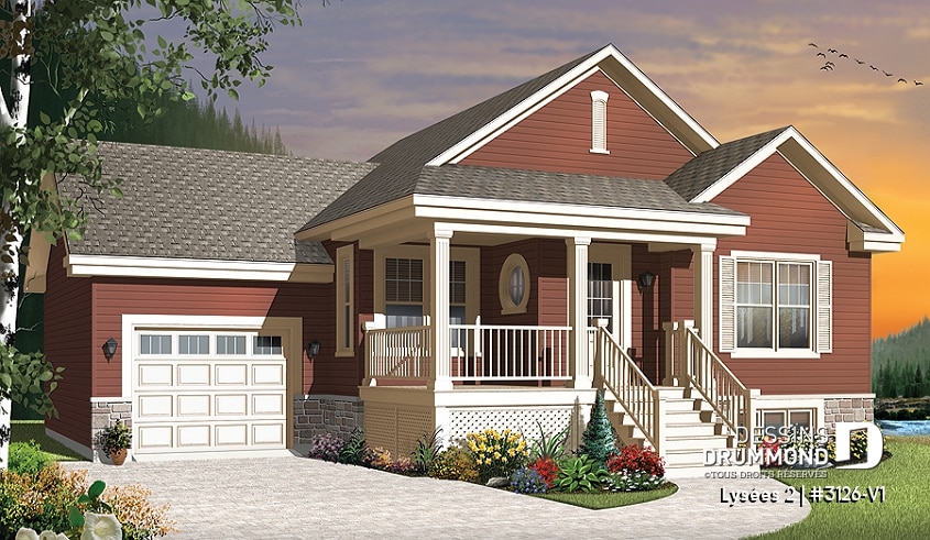 Vue avant - MODÈLE DE BASE - Plan de bungalow champêtre avec garage, accès au sous-sol par garage, à aire ouverte, ìlot à la cuisine - Lysées 2