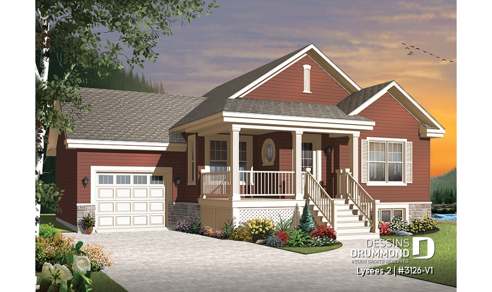 Vue avant - MODÈLE DE BASE - Plan de bungalow champêtre avec garage, accès au sous-sol par garage, à aire ouverte, ìlot à la cuisine - Lysées 2