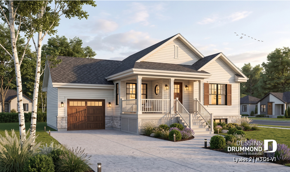 Vue avant - MODÈLE DE BASE - Plan de bungalow champêtre avec garage, accès au sous-sol par garage, à aire ouverte, ìlot à la cuisine - Lysées 2