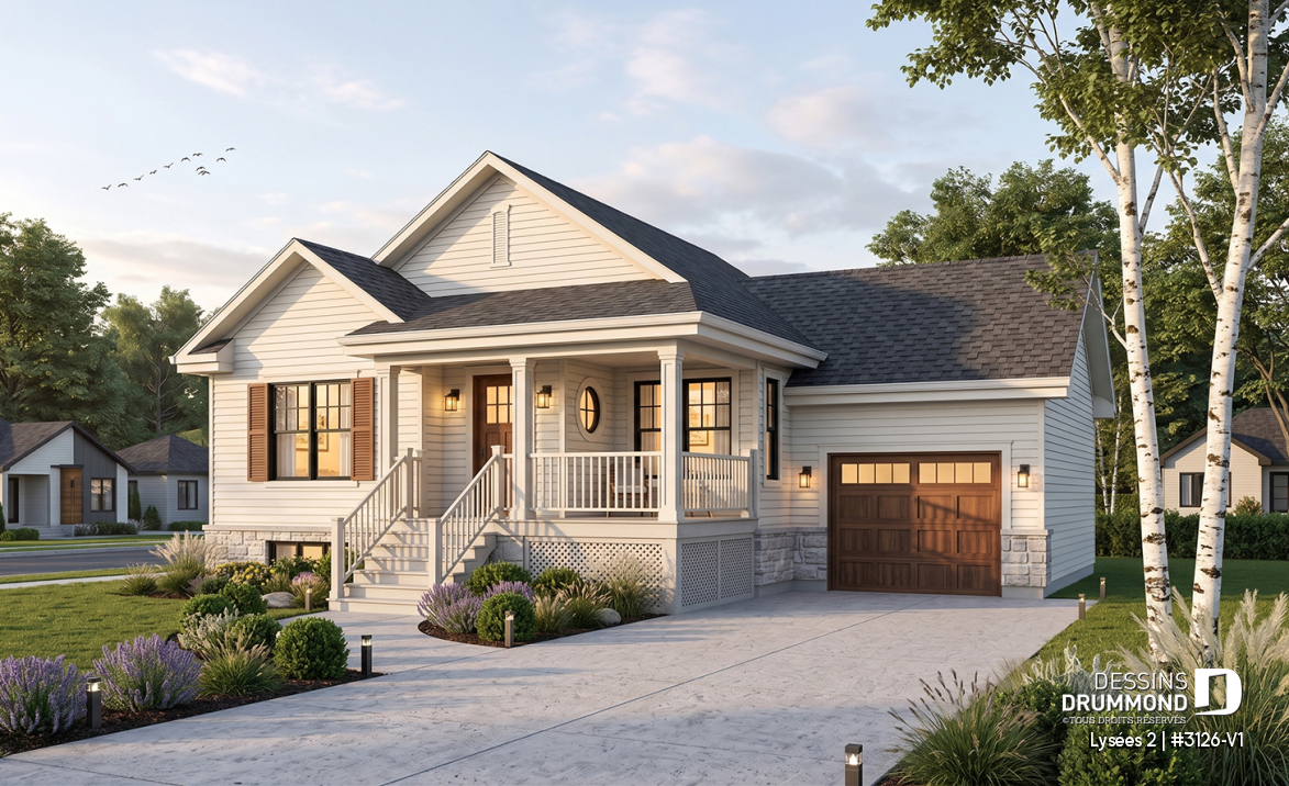 Vue avant - MODÈLE DE BASE - Plan de bungalow champêtre avec garage, accès au sous-sol par garage, à aire ouverte, ìlot à la cuisine - Lysées 2