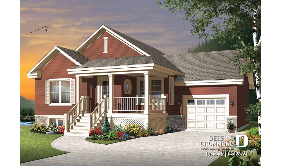 Vue avant - MODÈLE DE BASE - Plan de bungalow champêtre avec garage, accès au sous-sol par garage, à aire ouverte, ìlot à la cuisine - Lysées 2