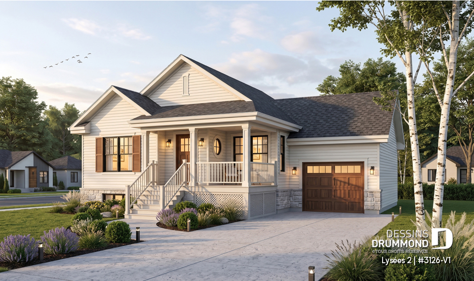 Vue avant - MODÈLE DE BASE - Plan de bungalow champêtre avec garage, accès au sous-sol par garage, à aire ouverte, ìlot à la cuisine - Lysées 2