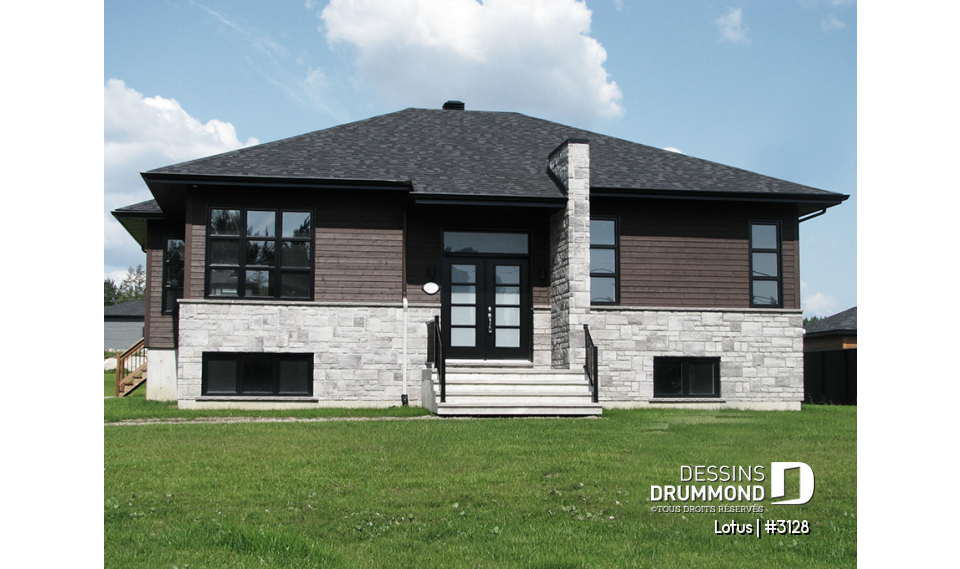 Élévation avant - Plan de maison plain-pied contemporaine, 2 chambres, grande douche, grand îlot cuisine, beaucoup lumière - Lotus