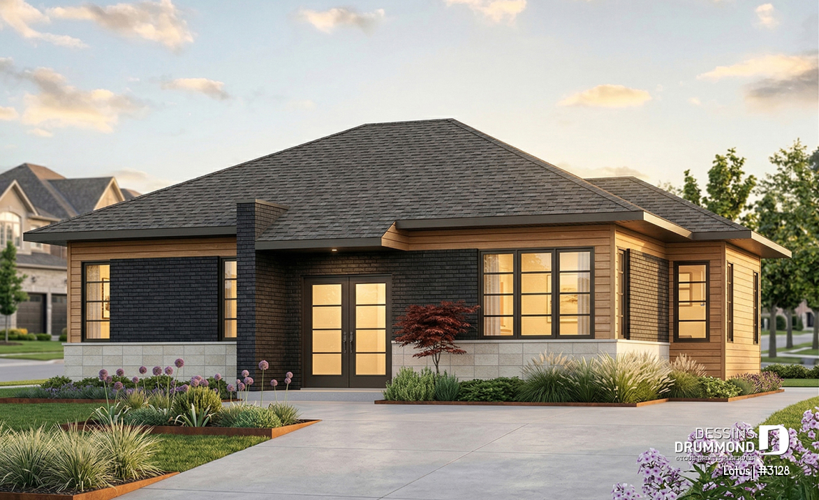 Vue avant - MODÈLE DE BASE - Plan de maison plain-pied contemporaine, 2 chambres, grande douche, grand îlot cuisine, beaucoup lumière - Lotus