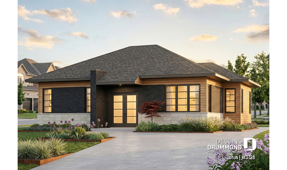 Vue avant - MODÈLE DE BASE - Plan de maison plain-pied contemporaine, 2 chambres, grande douche, grand îlot cuisine, beaucoup lumière - Lotus
