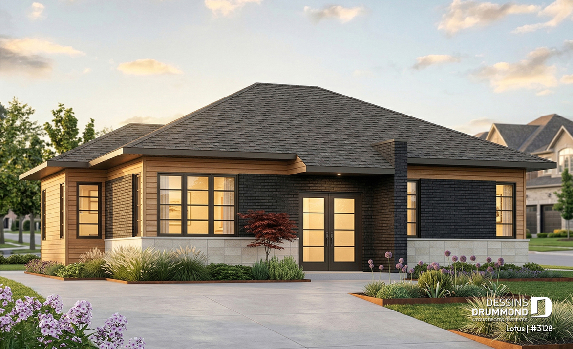 Vue avant - MODÈLE DE BASE - Plan de maison plain-pied contemporaine, 2 chambres, grande douche, grand îlot cuisine, beaucoup lumière - Lotus