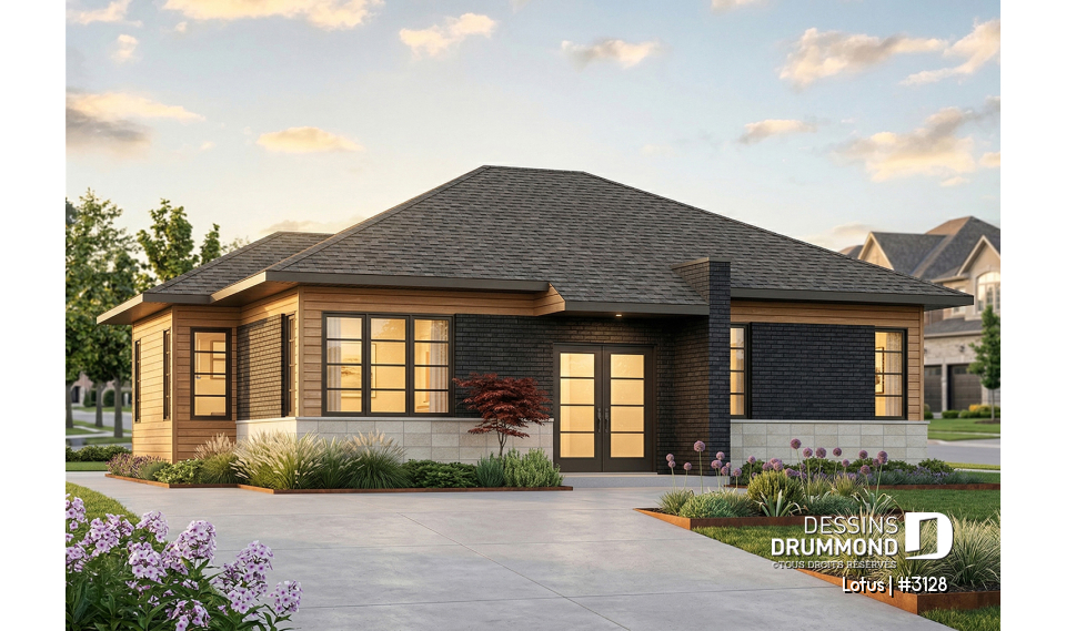 Vue avant - MODÈLE DE BASE - Plan de maison plain-pied contemporaine, 2 chambres, grande douche, grand îlot cuisine, beaucoup lumière - Lotus
