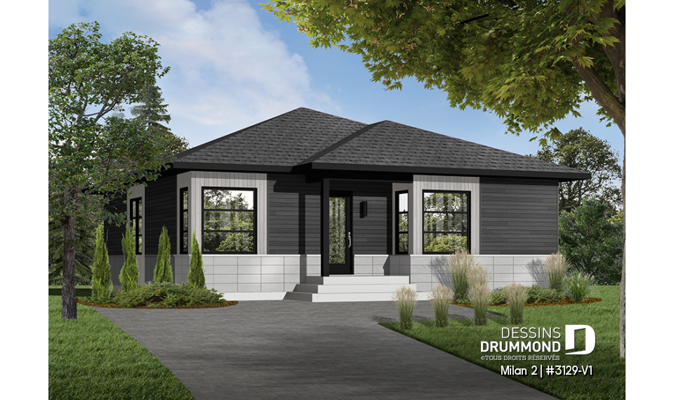 Version couleur no. 3 - Vue avant - Plan maison moderne 2 chambres, petit budget et idéale première maison, buanderie au r-d-c, îlot - Milan 2