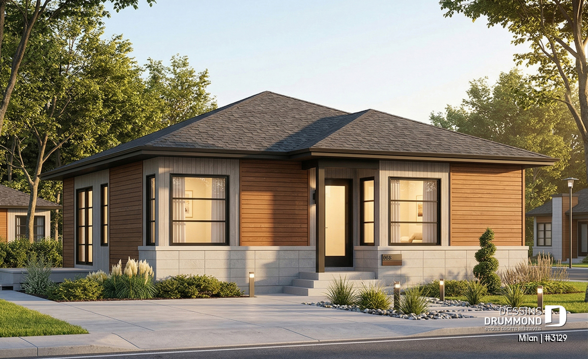 Vue avant - MODÈLE DE BASE - Bungalow plain-pied économique, moderne, 2 chambre, espace ouvert, porte patio sur le côté, grande douche - Milan