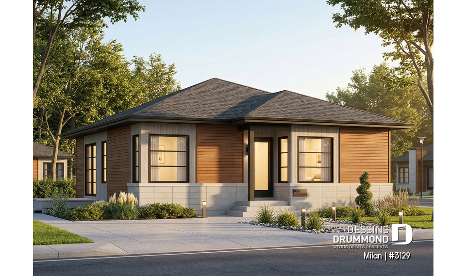 Vue avant - MODÈLE DE BASE - Bungalow plain-pied économique, moderne, 2 chambre, espace ouvert, porte patio sur le côté, grande douche - Milan