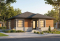Vue avant - MODÈLE DE BASE - Bungalow plain-pied économique, moderne, 2 chambre, espace ouvert, porte patio sur le côté, grande douche - Milan