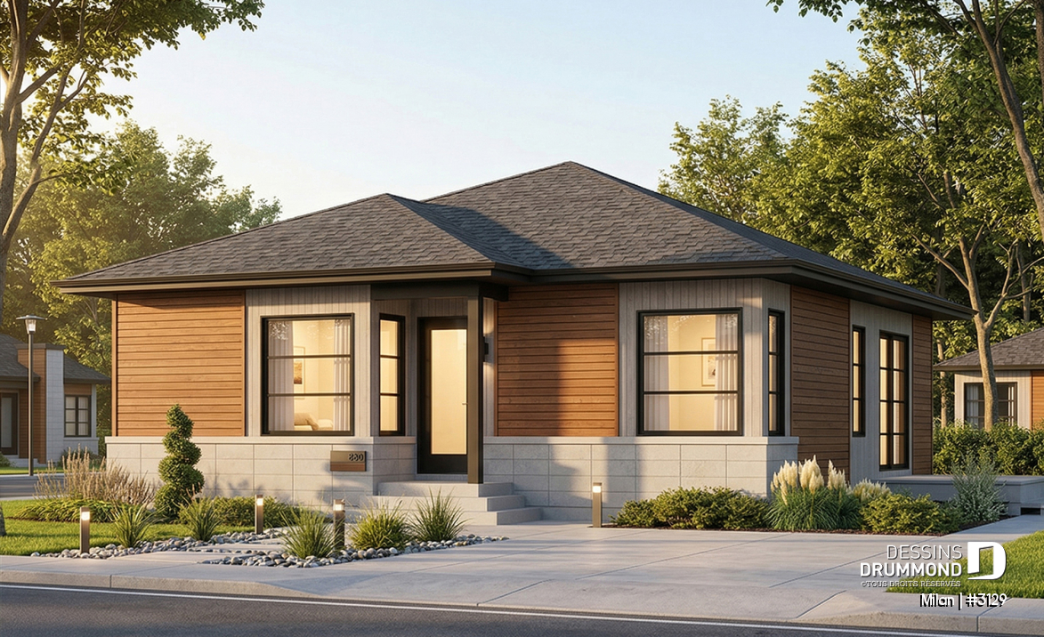 Vue avant - MODÈLE DE BASE - Bungalow plain-pied économique, moderne, 2 chambre, espace ouvert, porte patio sur le côté, grande douche - Milan