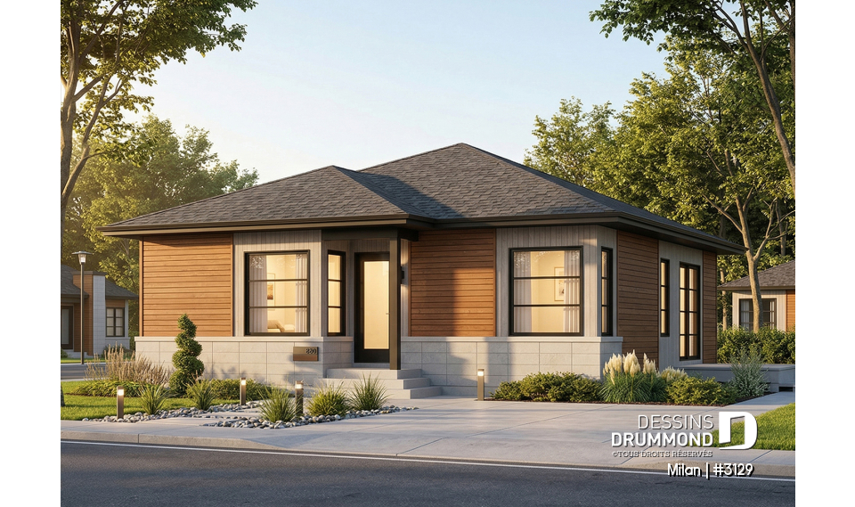 Vue avant - MODÈLE DE BASE - Bungalow plain-pied économique, moderne, 2 chambre, espace ouvert, porte patio sur le côté, grande douche - Milan