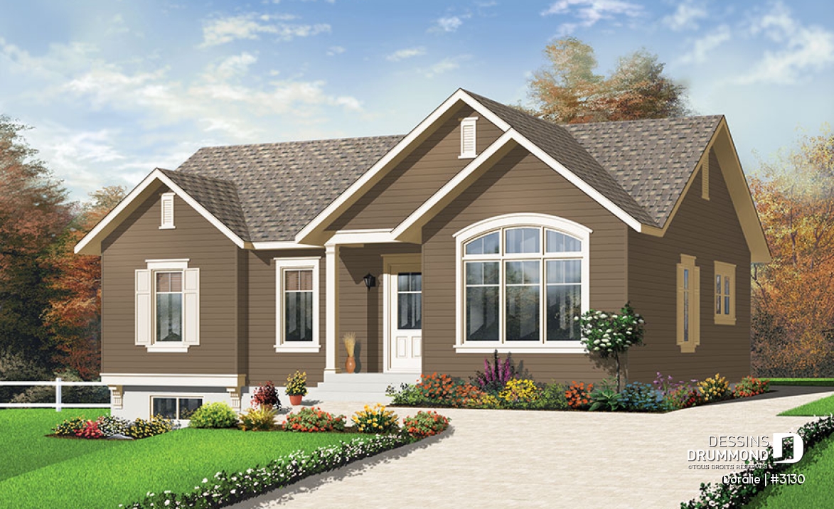 Vue avant - MODÈLE DE BASE - Bungalow avec plafond cathédrale, 3 chambres, grande cuisine et bas coûts de construction - Coralie