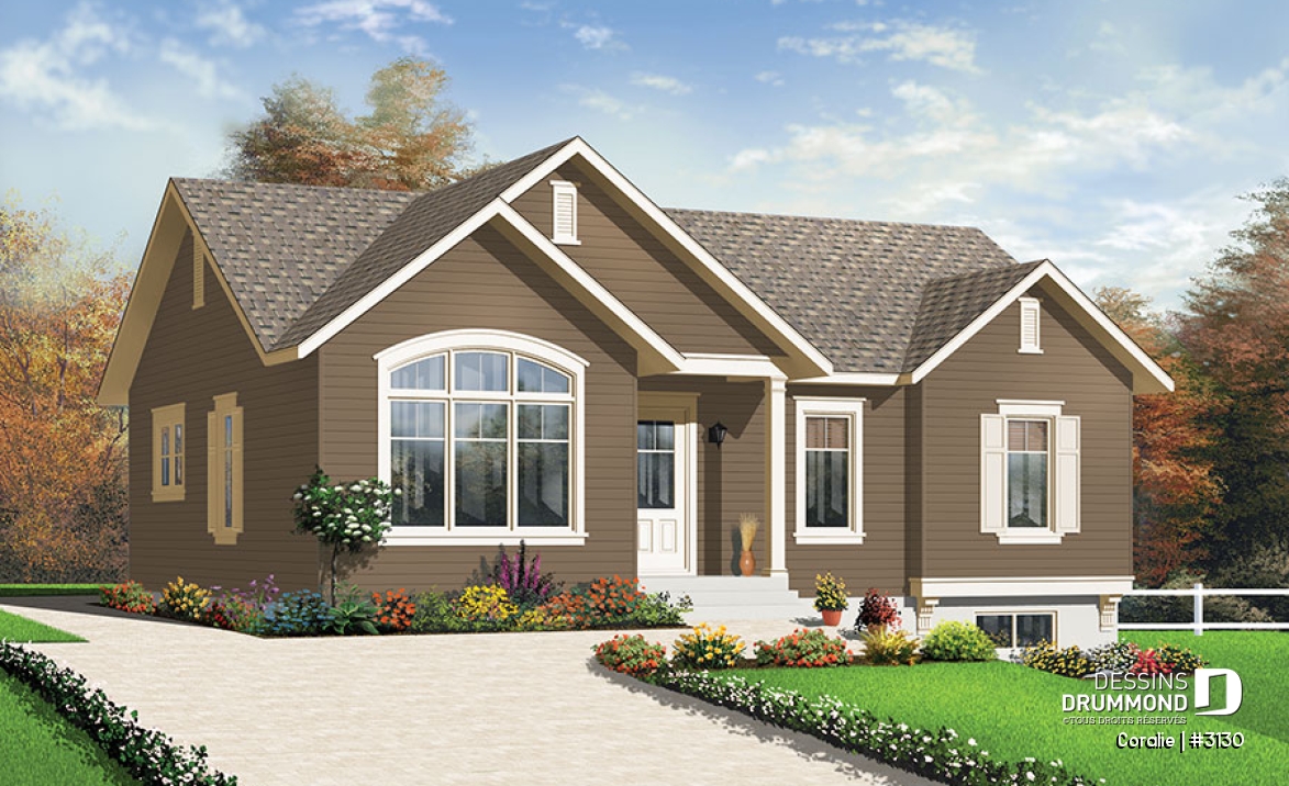 Vue avant - MODÈLE DE BASE - Bungalow avec plafond cathédrale, 3 chambres, grande cuisine et bas coûts de construction - Coralie
