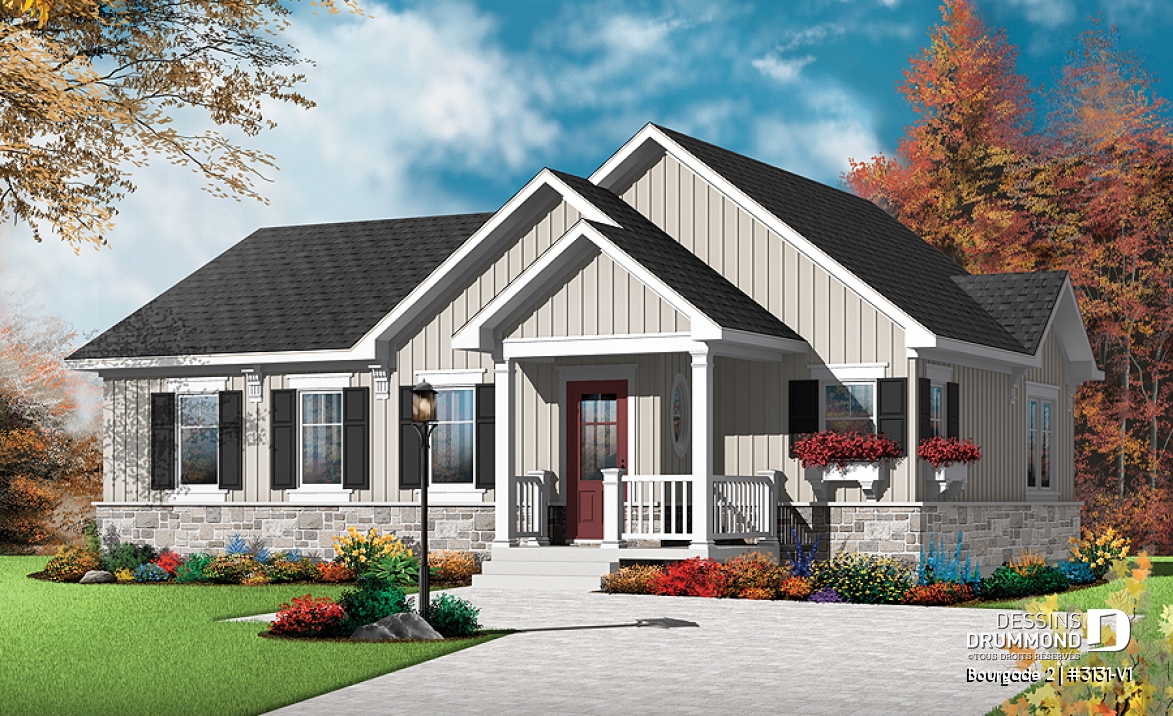 Vue avant - MODÈLE DE BASE - Plain-pied chaleureux et abordable, 2 chambres, style craftsman, secteur activités à l'arrière, grande cuisine - Bourgade 2
