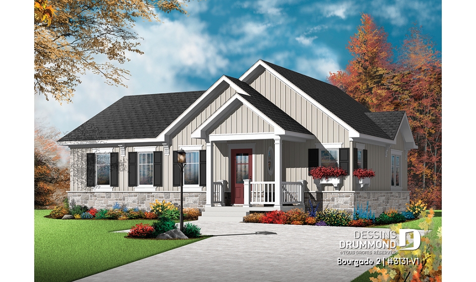 Vue avant - MODÈLE DE BASE - Plain-pied chaleureux et abordable, 2 chambres, style craftsman, secteur activités à l'arrière, grande cuisine - Bourgade 2